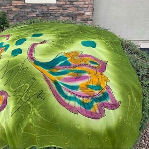 Fish Hand Painted Scarf 60” by 50” with Hand Tied Knotted Fringe Green Purple